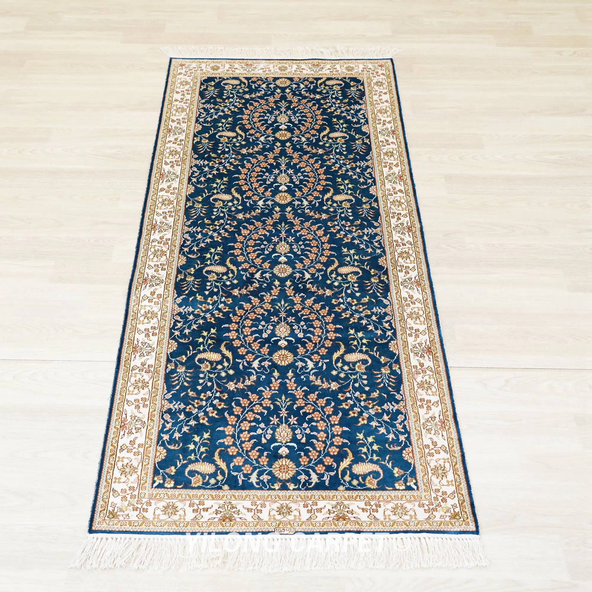 76x183cm Luxurious Blue Pure Silk Carpet Exclusive Handmade Silk Rug Runner (YJH099B)