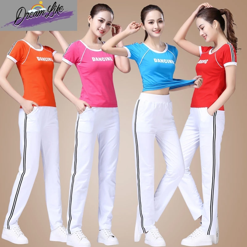 

Summer New Sle Square Dance Clothing Fitn Troupe ort Sve Slimming Dance Set Women's Cotton Blend Stage Costume