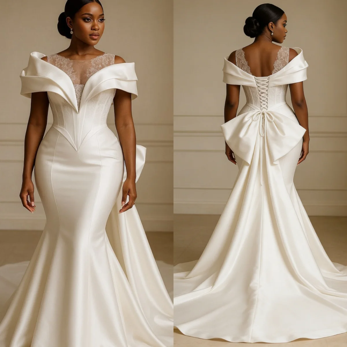 2026 African Style Mermaid Wedding Dress Luxury Satin Shoulder Design Lace Decoration Backless Strap Vestido De Novia Custom