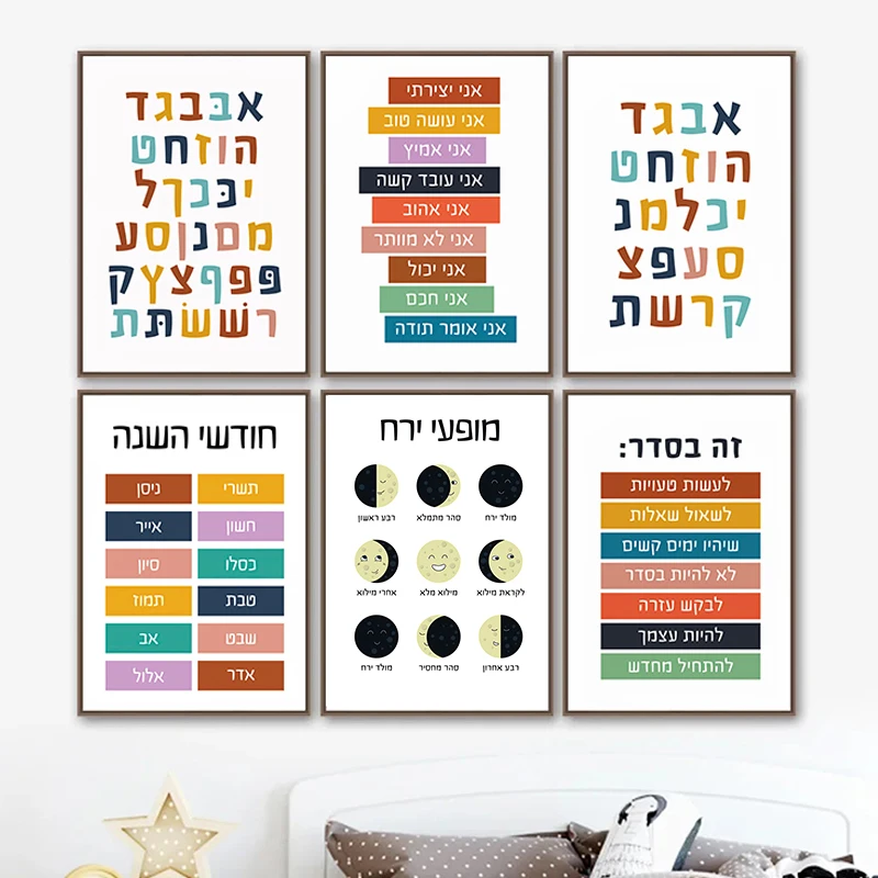 Hebrew Letters Poster Aesthetic Decorative Canvas Painting Alphabet Jewish Number Day Time Wall Art Print Study Kids Room Decor