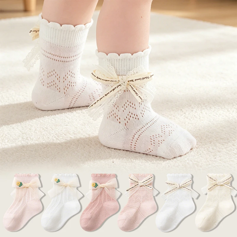 3 Pairs Baby Girls Socks Summer Mesh Breathable Toddler Princess Mid-calf Socks Newborn Cute Sweet Lace Bow Infant Socks