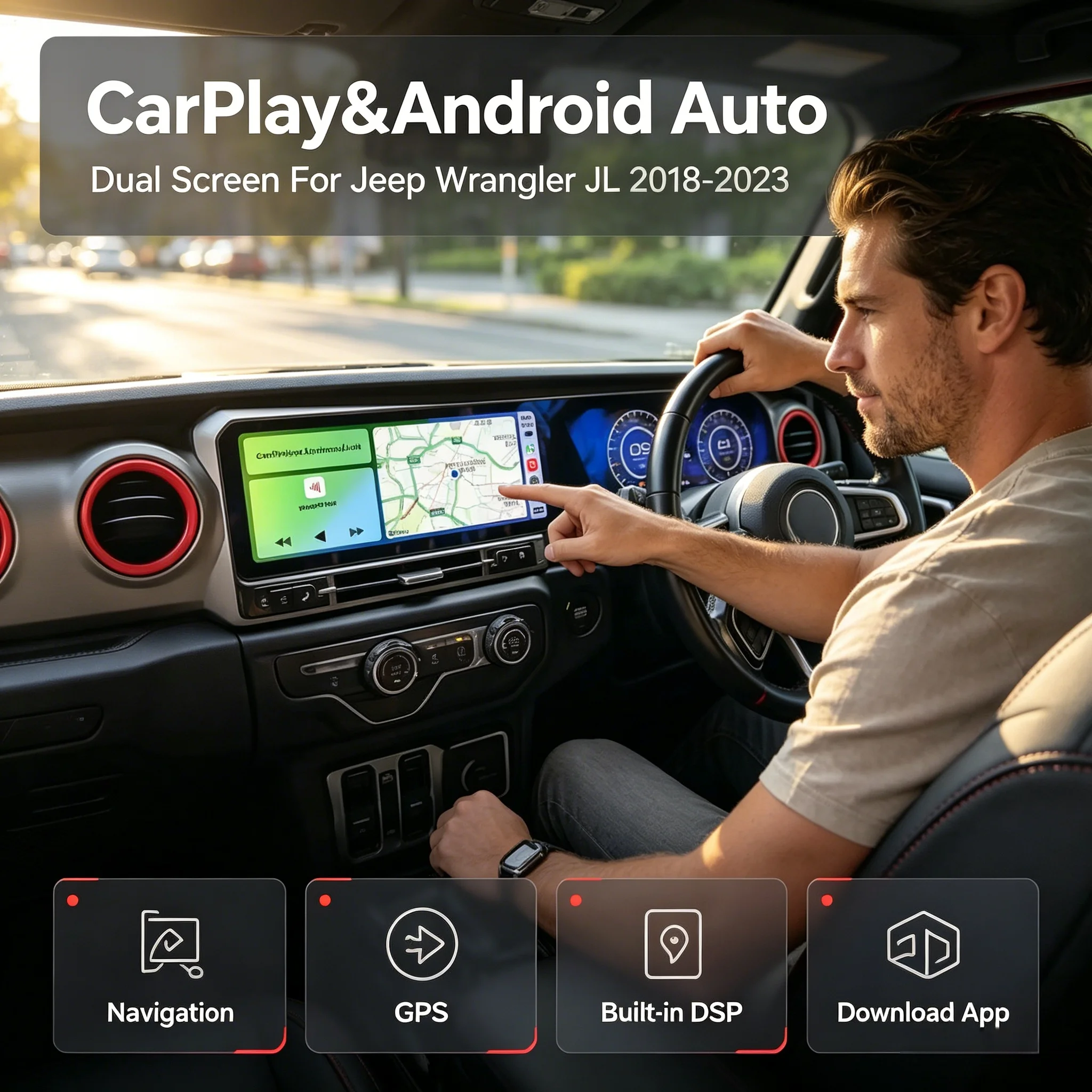 Android For Jeep Wrangler JL 2018-2023 24.6 Inch 4K HD Touch Screen Carplay Multimedia Car GPS Navigation Auto Radio Head Unit