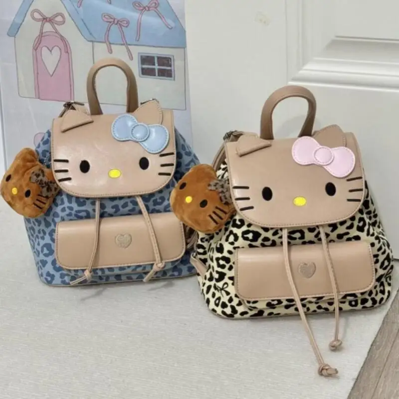 

Новый рюкзак Sanrio Hello Kitty с черной кожей и леопардовым принтом на шнурке, кавайная сумка для хранения с вышивкой Y2K, сумка для девочек, праздничный подарок