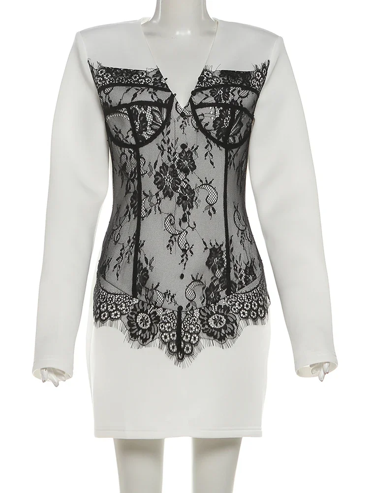 Leosoxs-vestido Sexy de Jacquard para mujer, retales de encaje con cuello en V, botón y cremallera, elegante para ir al trabajo en la oficina, traje ajustado elástico Simple, ceñido al cuerpo