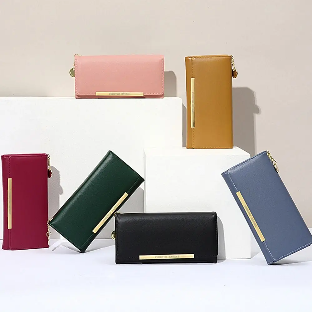 Embreagem portátil de couro PU para mulheres, bolsa longa monocromática, carteira com zíper, grande capacidade, moda feminina