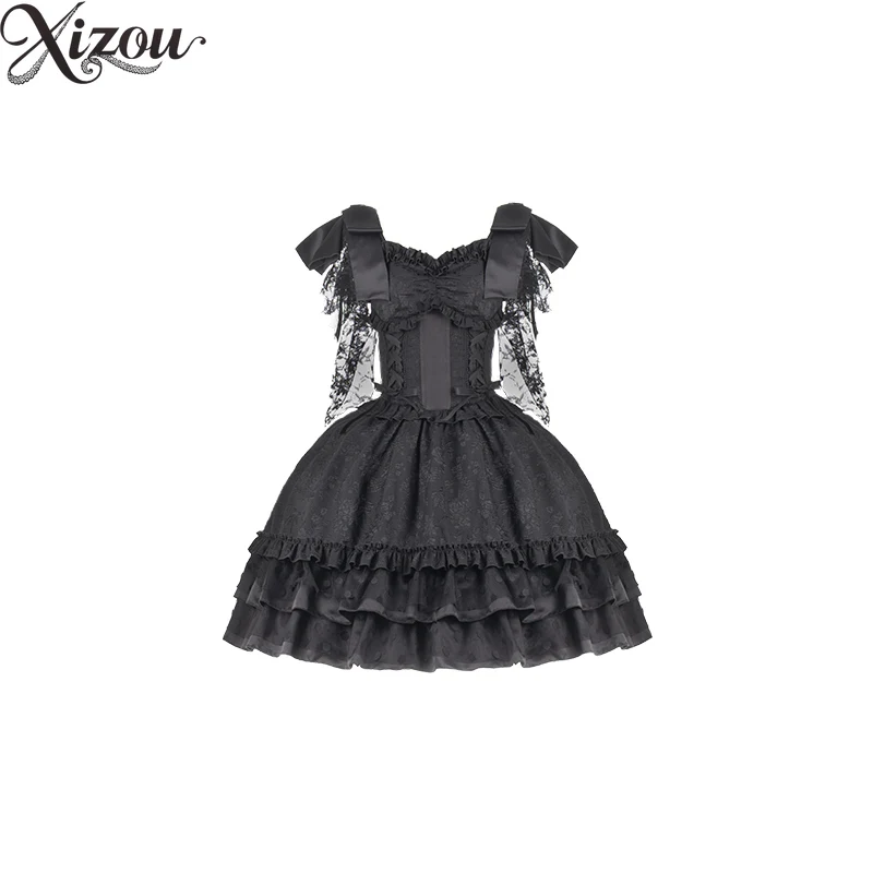 

Japanese Gothic Lolita Dress Women Punk Style Sweet Lace Bow Party Dresses Harajuku Y2k Cosplay Princess Fishbone Chest Pad Jsk