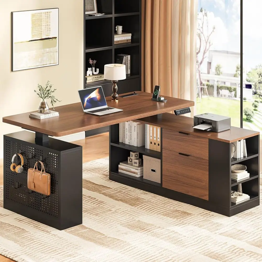 L Shaped Standing Desk Adjustable Height, 53 Electric Office Desk with File Drawers & Storage Shelves, Sit Stand Computer Desk w