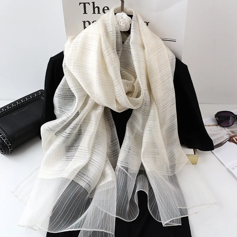 

New Color Grid Blended Scarf Women's Mulberry Gold and Silver Silk Long Warm Wear Shawl Dual-purpose Silk Scarf