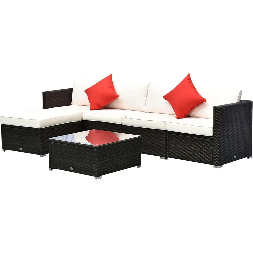 

All-Weather Outdoor Wicker Sectional Patio Furniture Set with Ottoman, Cushions, and Glass Table in Mixed Brown & Cream White
