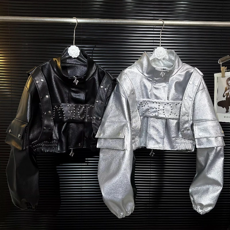 European Heavy Industry Sweet Cool Metal Rivet Large Pocket Pleated Women's Jacket Original Design Workwear PU Leather Coat Girl