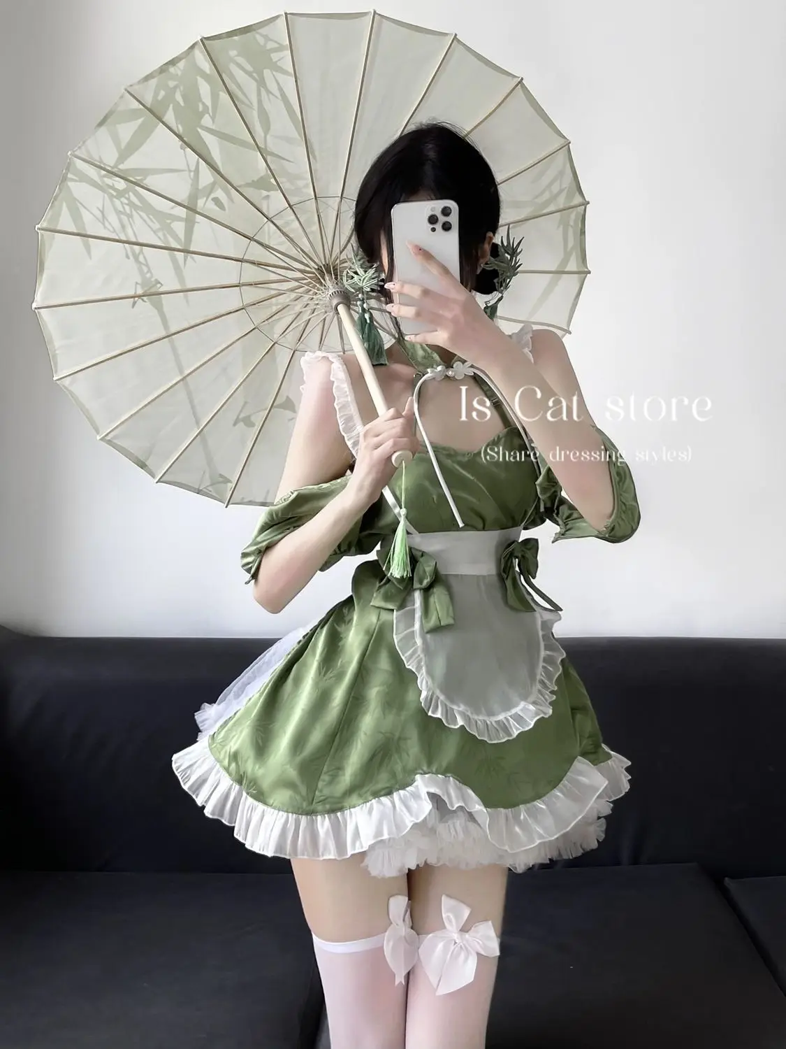 Japan Lolita Green Mini Dress Valentine Sexy Tank Sweet Top Buckle Standing Collar Maid Short Uniform Dress Elegant Hot Sexy