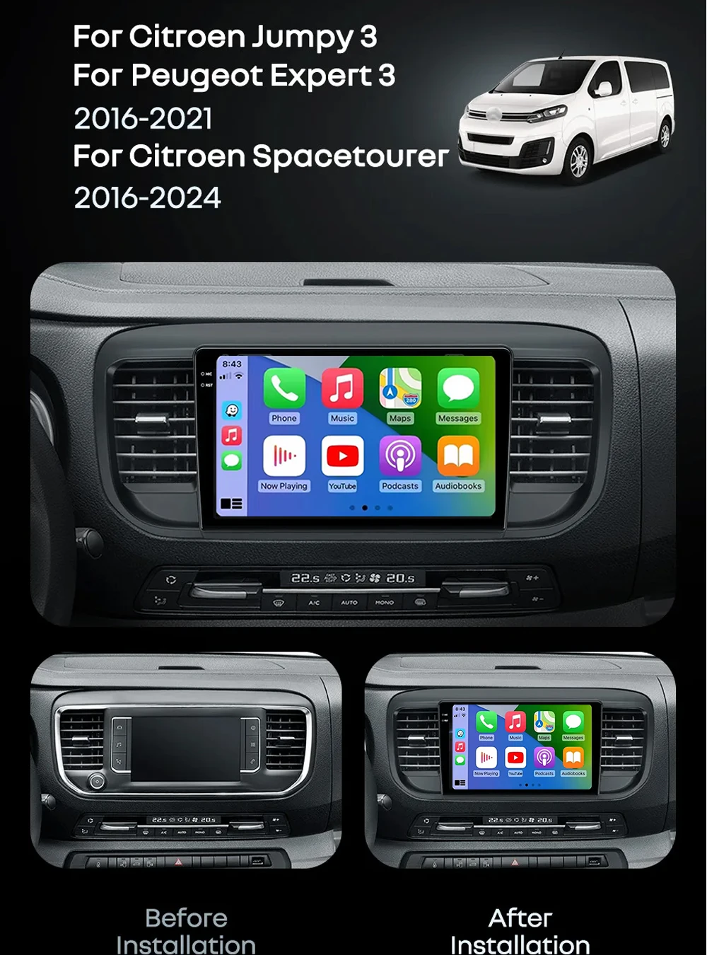 For Citroen Jumpy III 3 SpaceTourer 1 For Peugeot Expert 3 2016 2017 - 2021 Android 16 GPS WIFI 4G Carplay&Auto Car Radio