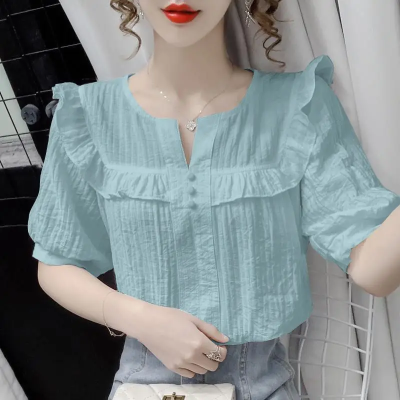 

Summer New Ruffled Edge Loose Trend Blouse Solid Color Short Sleeve V Neck Button Youth Shirt Tops Fashion Sweet Women Clothing