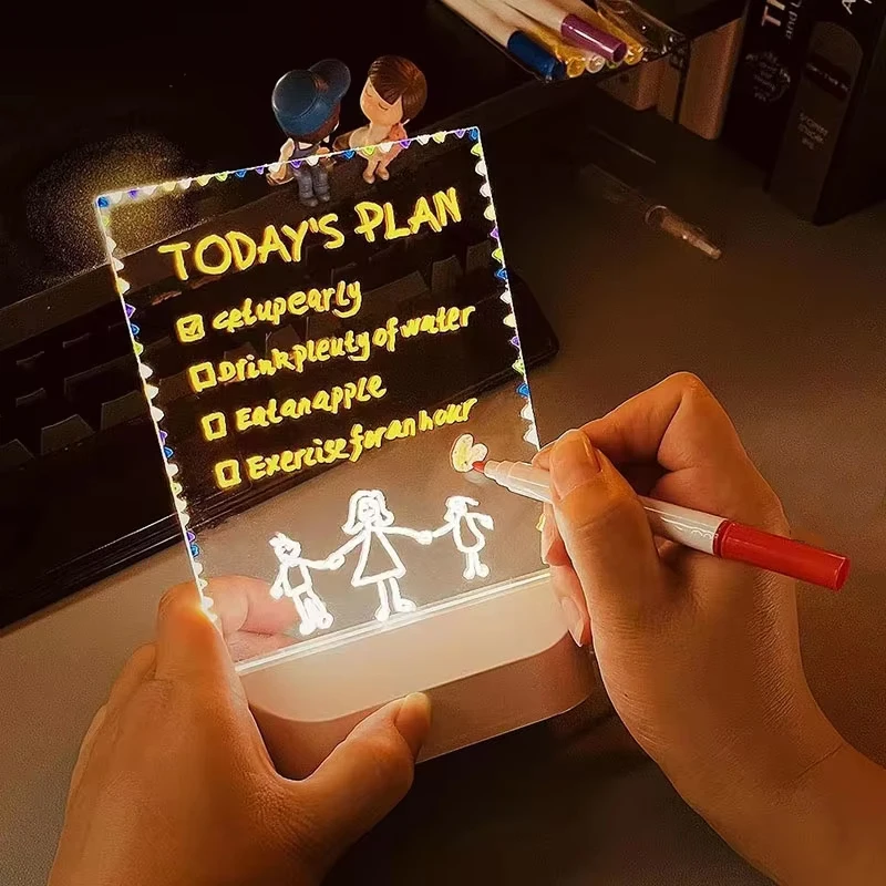 لوح مسح جاف من الأكريليك مع مذكرة ملاحظة مكتبية شفافة خفيفة وقابلة لإعادة الكتابة على شكل ليلي لوحة رسائل مضاءة للعمل في الدراسة المنزلية