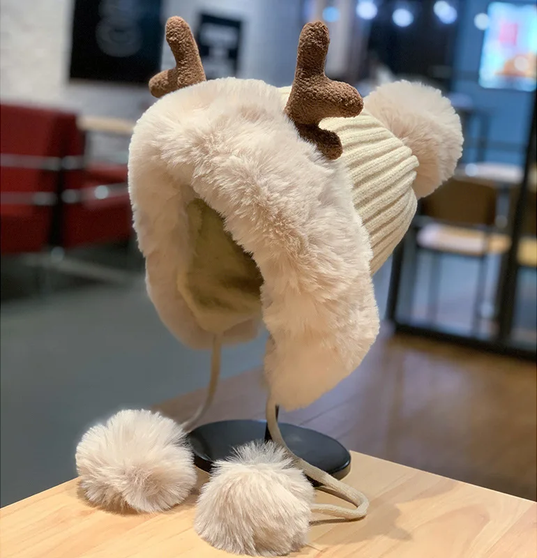 

Hat Women's Autumn And Winter Cute Deer Horn Hair Ball Ear Protector Plush Hat Christmas Thickened Lei Feng Riding Hat