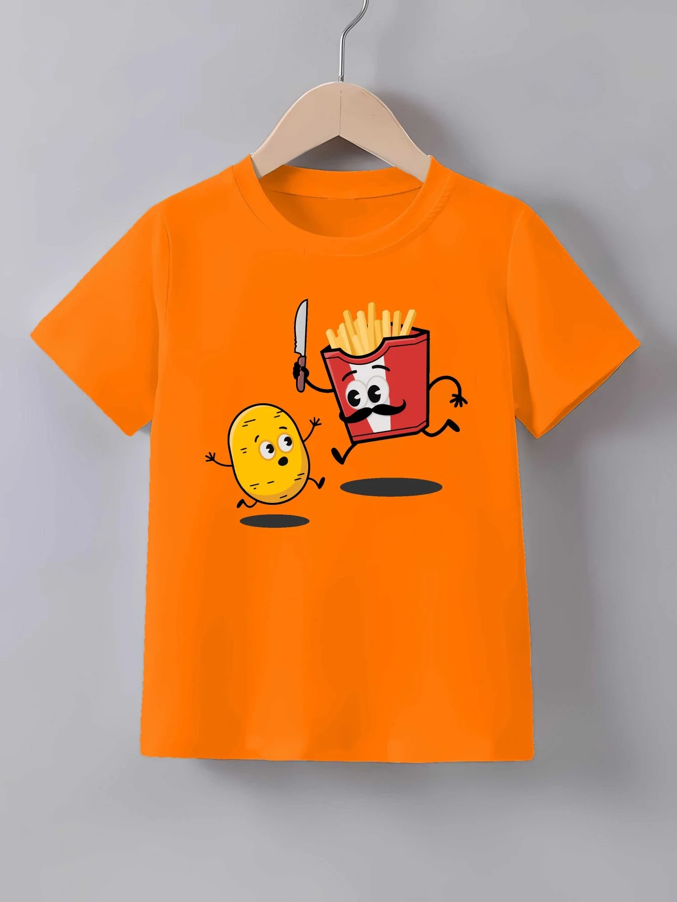 Funny Potato And French Fries Cartoon Chase Print T Shirt Family Matching Outfit Boys Girls Kids Short Sleeve Children Daily Tee
