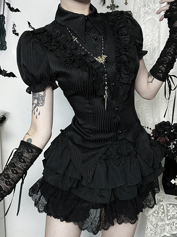 

Gothic Sle Bla ort Sve irt f Skirt Two-Piece Set loween Faion Women's Clothing Polyester Fiber Button-Up Top