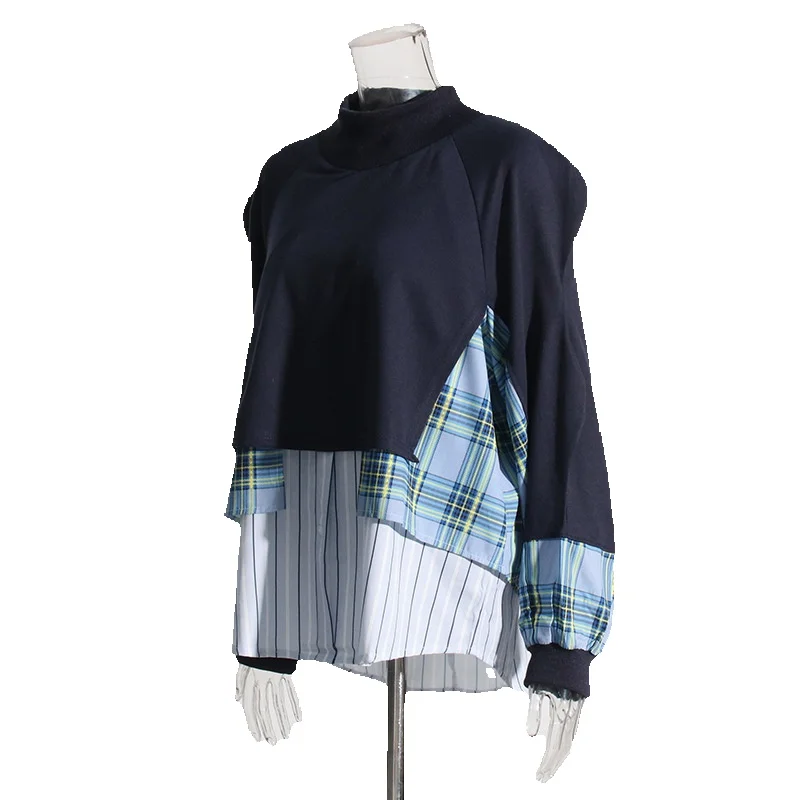 Sudadera con capucha de dos piezas para mujer, Top con diseño de temperamento, Patchwork a cuadros, suelto, falso, otoño e invierno, 2024