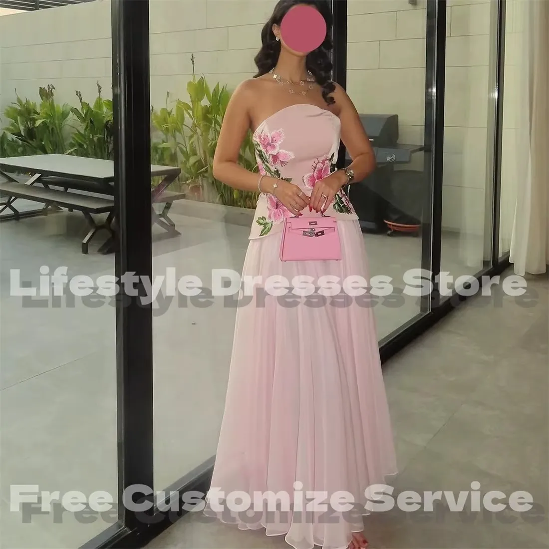 Vestidos de noche con apliques bordados florales rosas personalizados, vestidos de fiesta sin mangas hasta el suelo Eid para ocasiones formales y fiestas