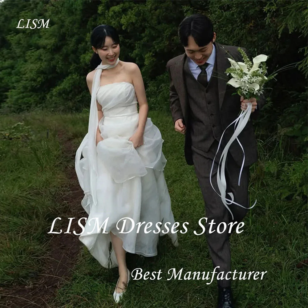 

LISM Simple A Line Korea Wedding Dresses Photos Shoot Strapless Ruched Organza Dresses Customized Corset Bride Reception Gowns