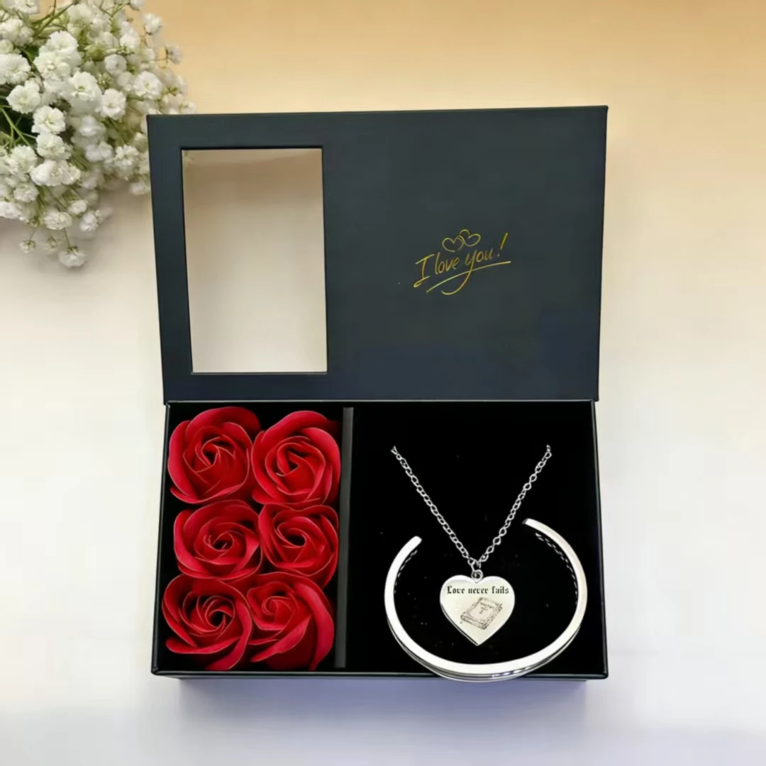 

Rose Gift Box Biblical Heart Necklace Olive Branch Bracelet, Engraved Jewelry Set, Christmas Birthday Gift for Women Copper