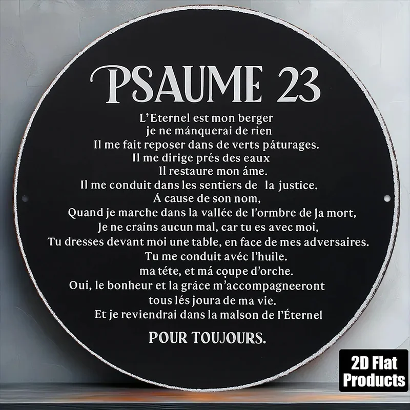 1 Stück 2D flaches, 8x8 Zoll großes rundes französisches Aluminiumschild, dekorative Vintage-Plakette mit der Aufschrift „Psalm 23“, „Religiöser Glaube“, dekorative P