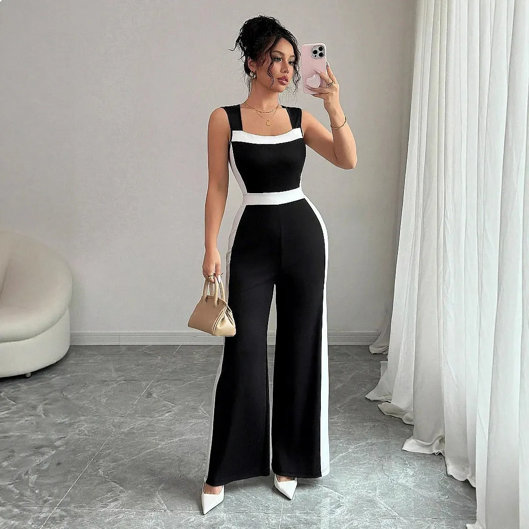 Women's Sleeveless Jumpsuit Summer Spring Overall Playsuit Color Block Wide Leg Pants Matching Set