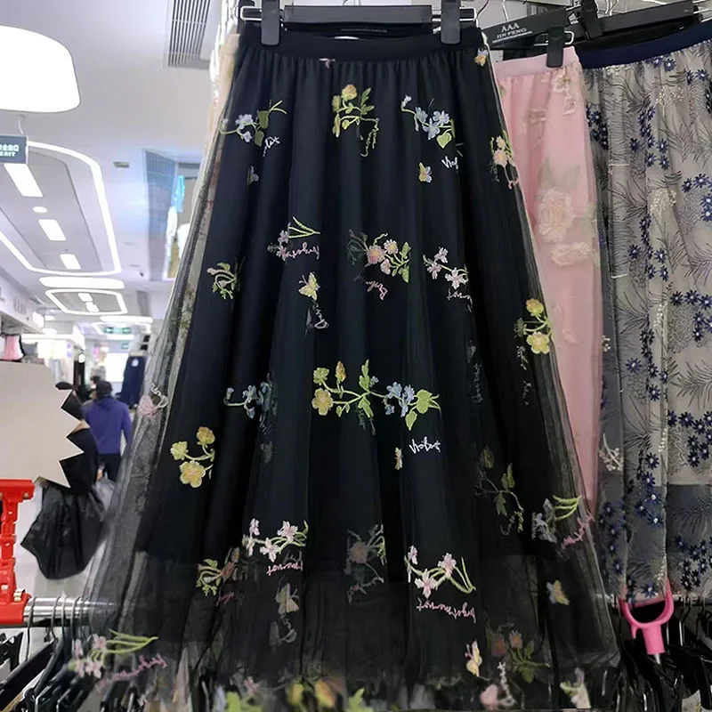 Wiosenna moda damska, spódnice z wysokim stanem, rozkloszowane, plisowane, długie spódnice letnie z siateczki, tiulu, haftowane, w kwiaty, koreańskie, eleganckie, codzienne spódnice.