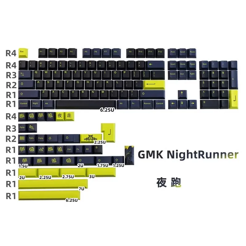 

142Keys GMK NightRunner Keycaps PBT Dye Subbed Key Caps Cherry Profile Keycap With 2.25U 2.75U 3U 7U Spacebar ISO Enter