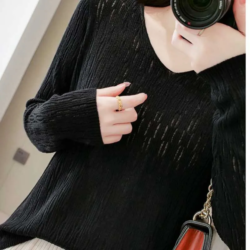 Fashion V-Neck All-match Solid Color Sweaters Women's Clothing Spring Autumn Loose Knitted Casual Pullovers Commuter Tops