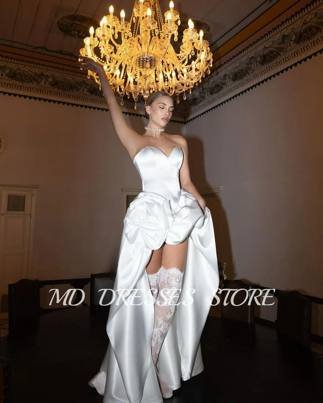 MD-Robe de mariée trapèze blanche élégante, robe à volants, train de balayage, chérie, robe de mariée haute basse, satin sexy, robe 138 personnalisée, 2025