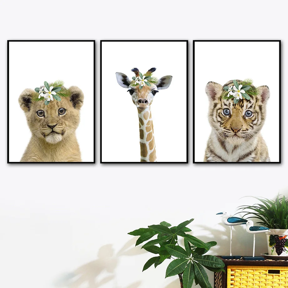 1pc (No frame), Boho Safari Animal Wall Art Cute Baby Jungle Animal Prints Flower Crown Neutral Nursery Canvas Pos
