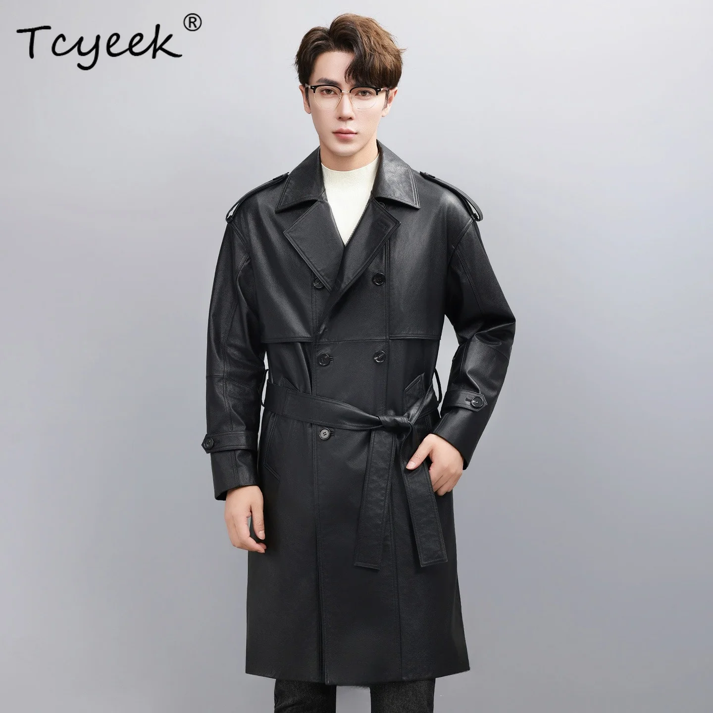 Tcyeek Top Layer Cow Leather Jacket for Men High-end Genuine Leather Over-knee Loose Coat 2026 Autumn Long Trench Coat Chaquetas