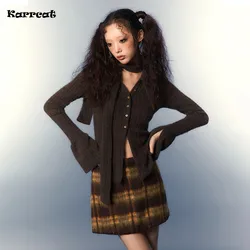 Karrcat Grunge Aesthetics Knit Shirt Vintage V-neck Flare Sleeve Knitted Tops With Scarf Wasteland Punk Single Breasted Knitwear