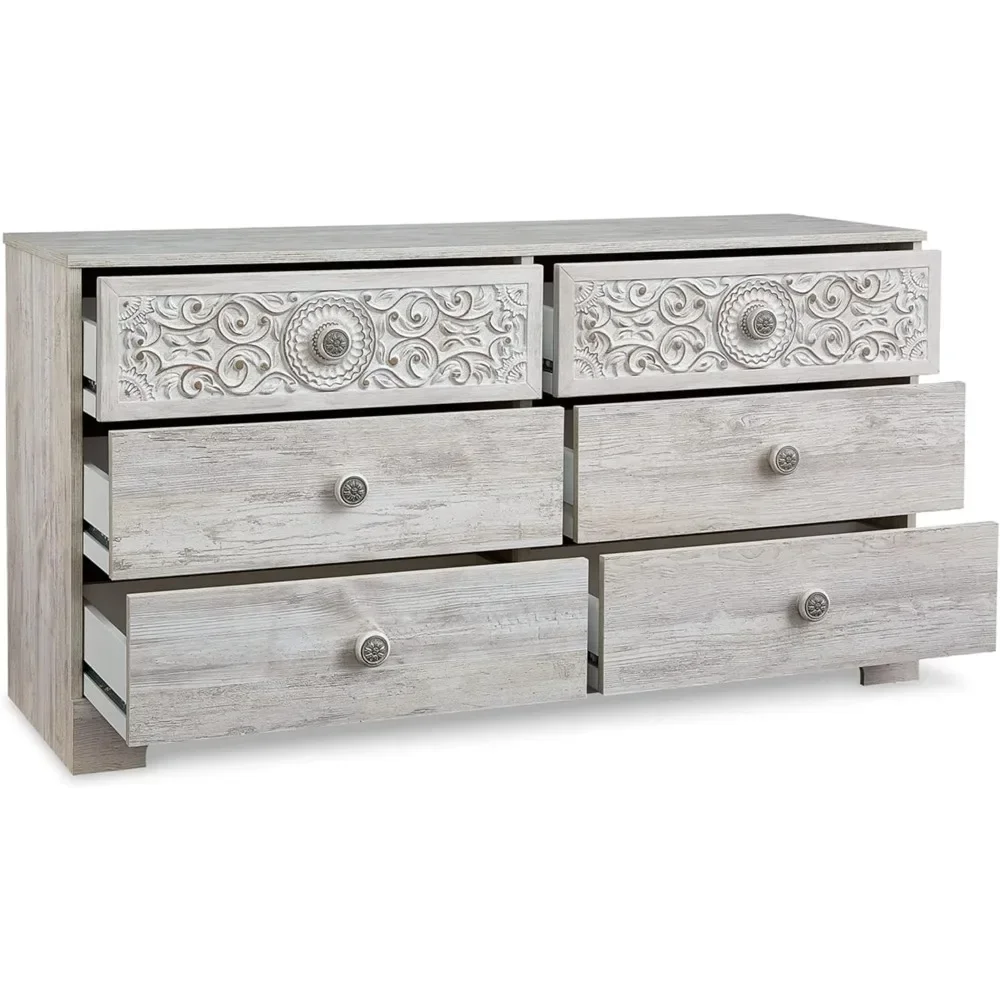 Bohemian 6 Drawer Dresser with Carved Medallion Pattern for Bedroom, Living Room, Whitewash