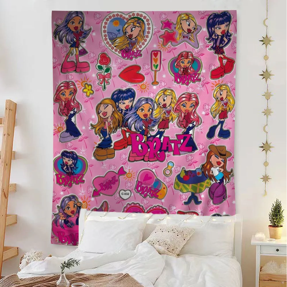 Bratz Doll Anime Tapestry Hippie Flower Wall Carpets Dorm Decor Wall Hanging Home Decor