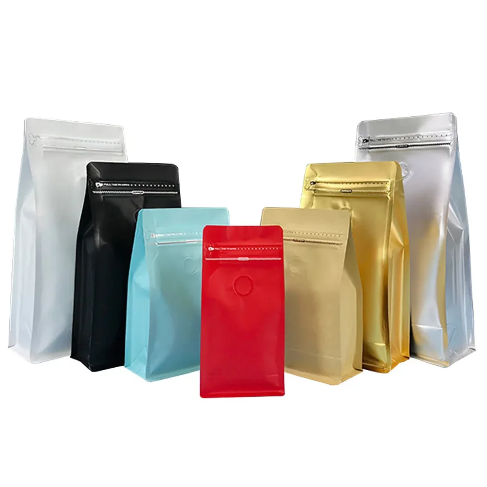 50pcs Reusable Dark Brown/Blue/Pink/Green Aluminum Foil Tea Coffee Grain Bag with Valve Smell Proof 250g 500g 1kg with Design