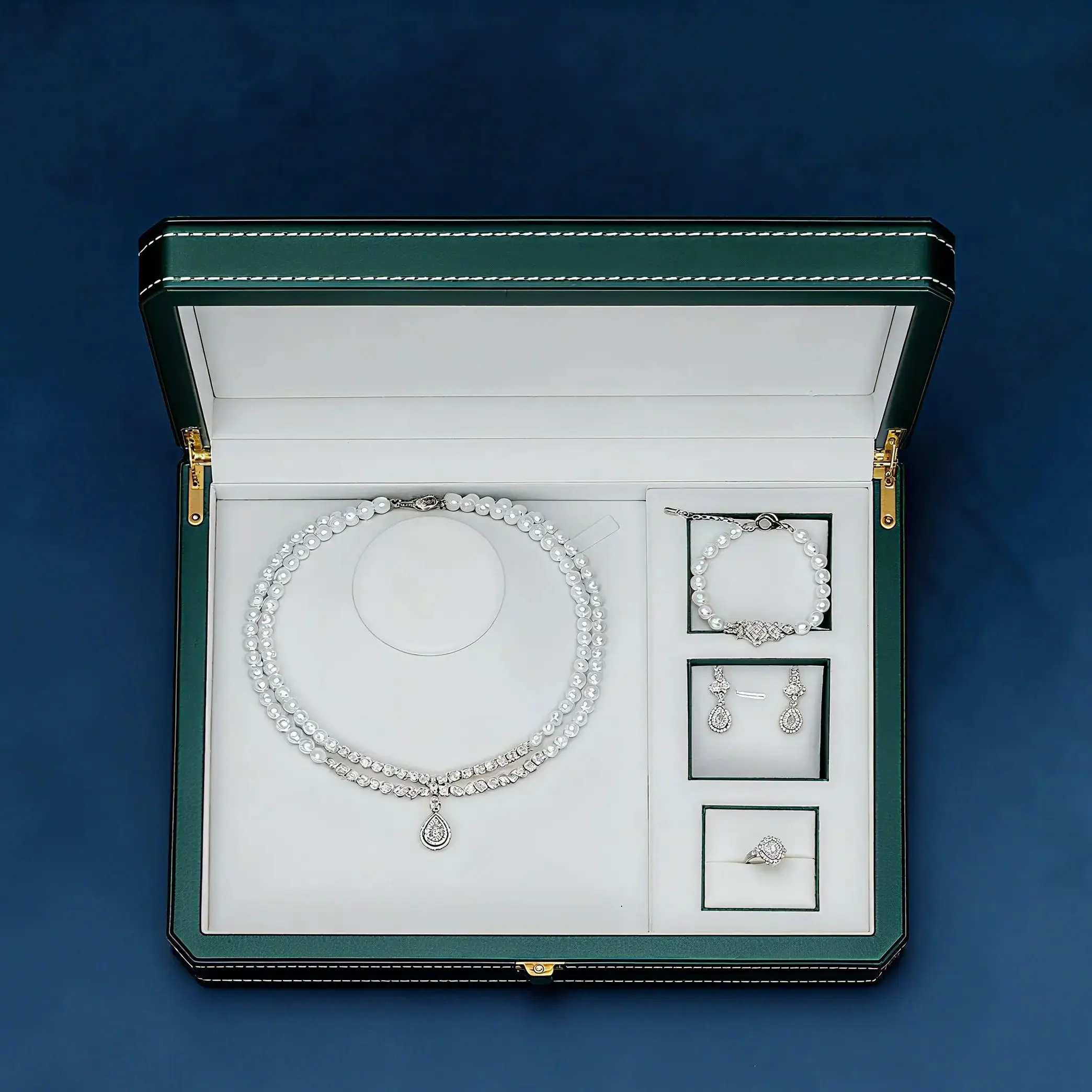 

JEWEL Luxury Bride Pearl Cubic Zirconia Jewelry Double Deck for Women Temperament Short Collarbone Earring Necklace Set