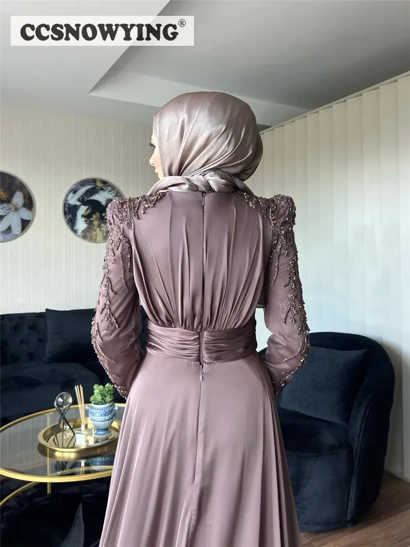 Dusty Rose Hijab Muslim Evening Dress Long Sleeve Islamic Formal Party Gown Beaded Satin Saudi Arabia Kaftan Robes De Soirée