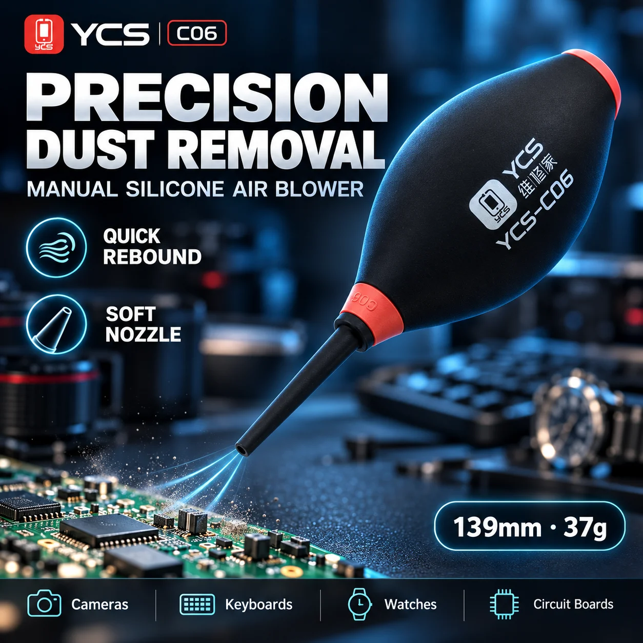 YCS C06 Silicone Air Blower with Soft Nozzle Quick Rebound Dust Cleaner for Camera Lens Keyboard Watch and Circuit Board Repair