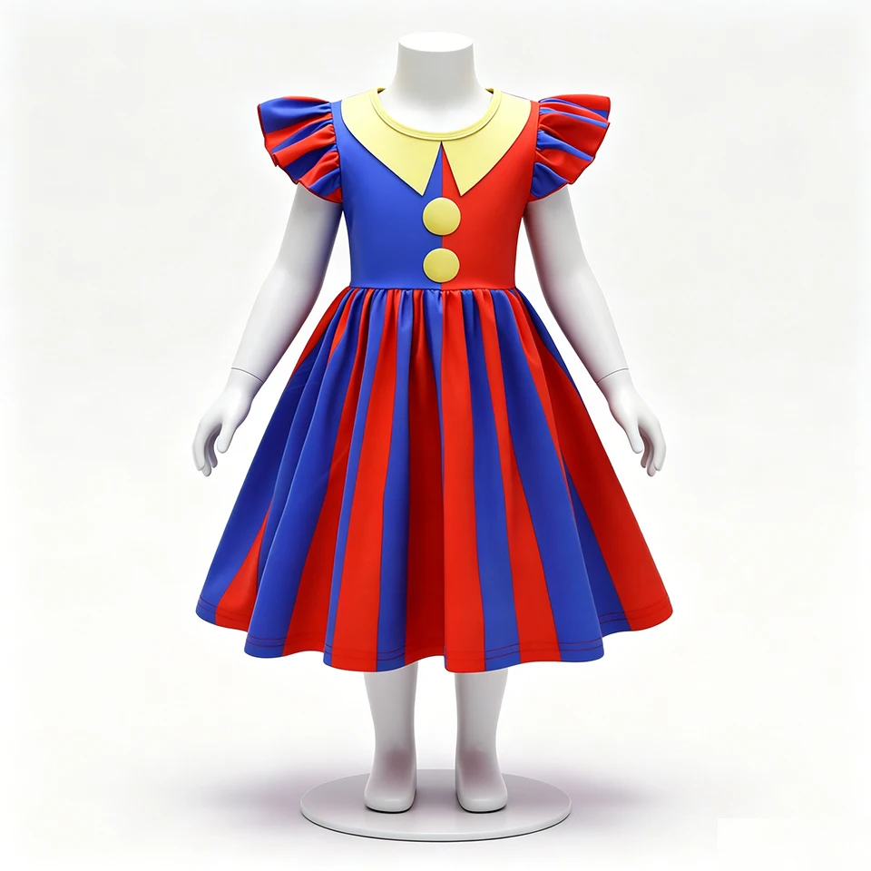 Cartoon Digital Circus Clown Pomni Striped Girls Dress Halloween Cosplay Masquerade Children Costume Carnival Party Kids Clothes