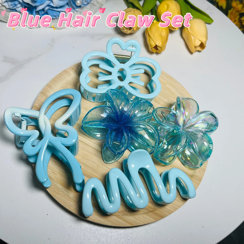 4/5PCS Elegant Blue Gradient Flower Butterfly Hair Claw Clips Set Women Charm Large Plumeria Hairpin Hawaiian Barrette Accessory