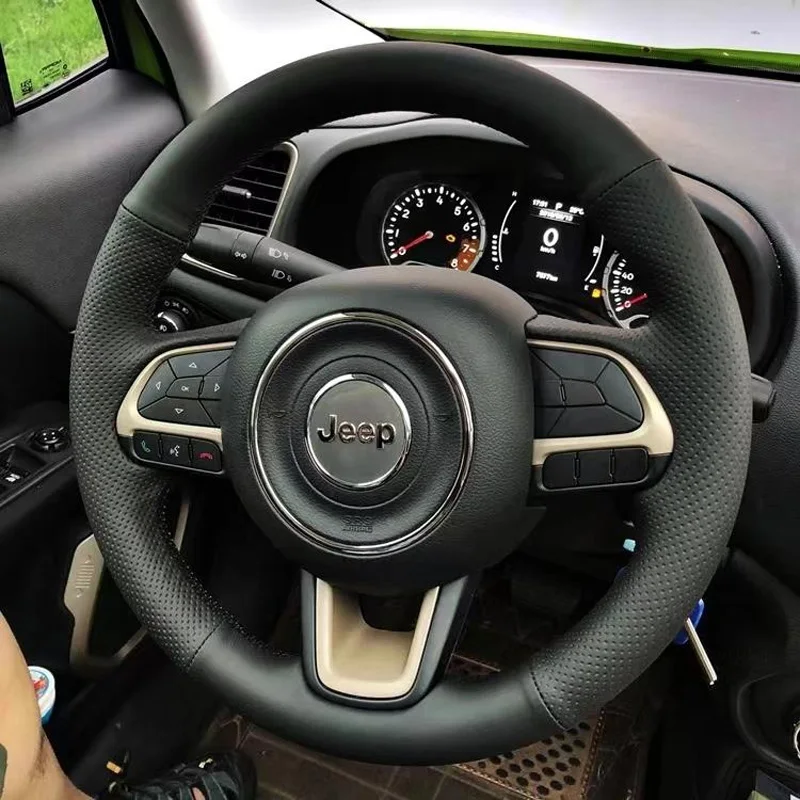 For Jeep 16-21 Renegade 17-20 Compass Manual Hand Sewn Needle Thread Car Steering Wheel Cover Accessories Genuine Leather Black