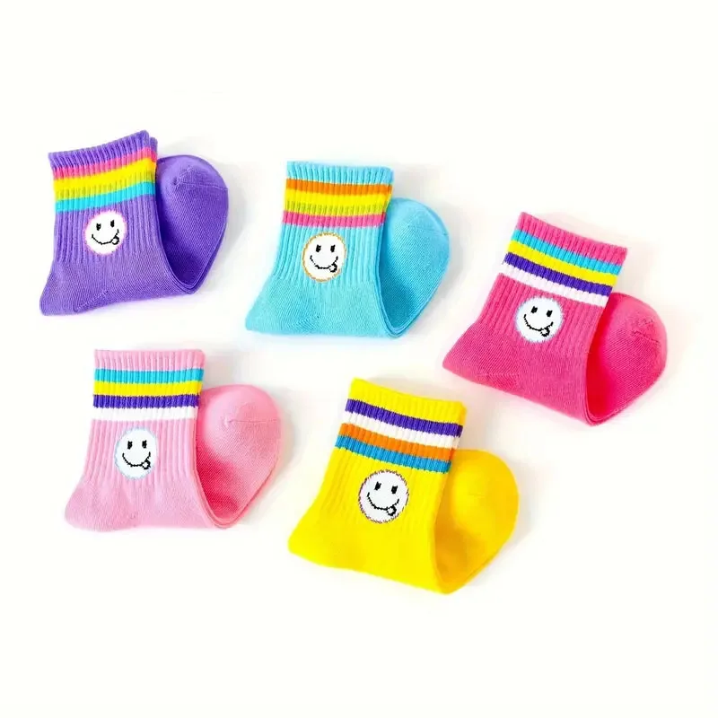 5 Paar Mädchensocken mit niedlichem Cartoon-Emoticons-Gesichtsmuster, bequeme, atmungsaktive Söckchen für Kinder – Detail 7