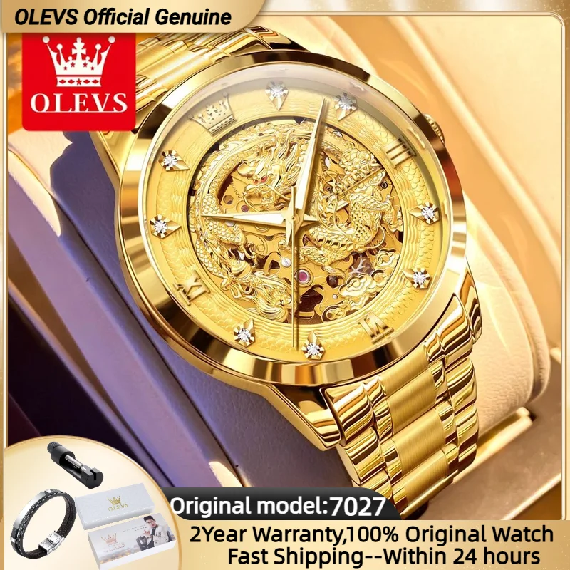 OLEVS 7027 Golden Dragon Watch Men Luxury 3D Stereoscopic Carving Deep Waterproof Elegant Men's Watch
