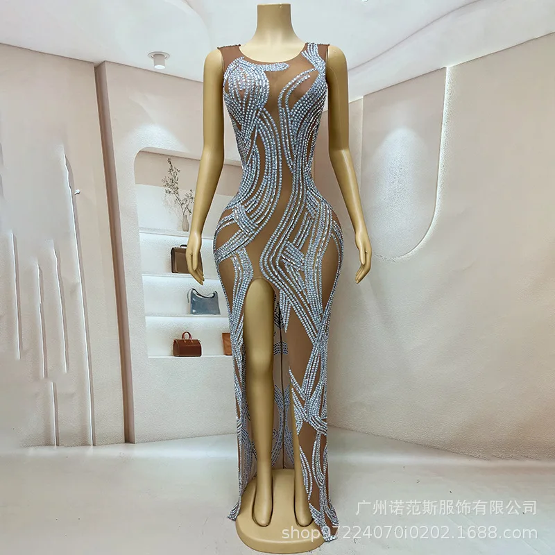 Zomer hoge split diamanten avondjurk werkplek avond bedrijf jaarlijkse bijeenkomst dansvoorstelling kostuum emcee ondertekening vestidos