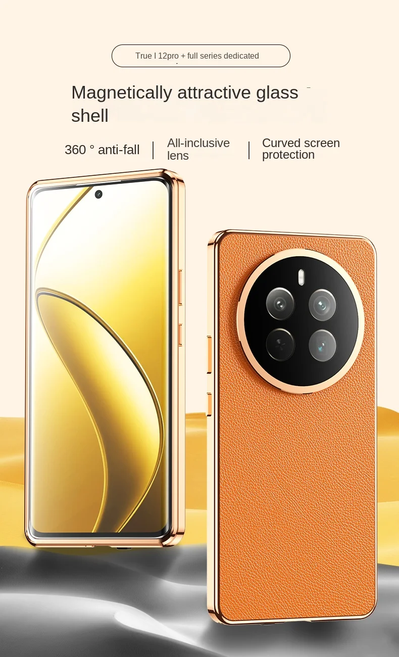 Realme 12 Pro Plus RMX3840 Capa 360 Proteção Completa Frente Capa de Vidro Temperado Transparente com Capa Traseira de Couro PU para Realme12 Pro +