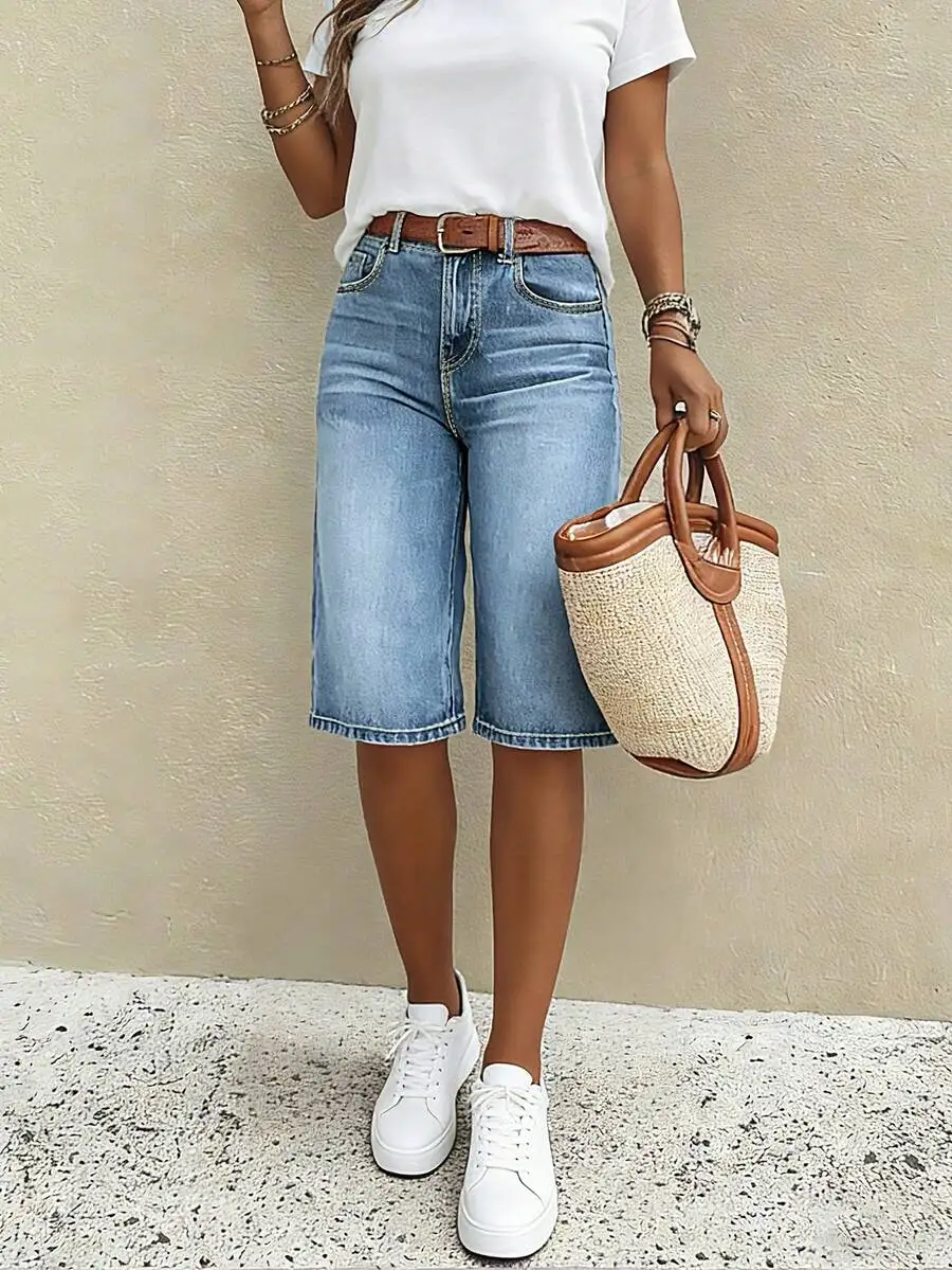 

Womens Straight Leg Denim Shorts Loose Comfortable Mid-Length Wide Leg