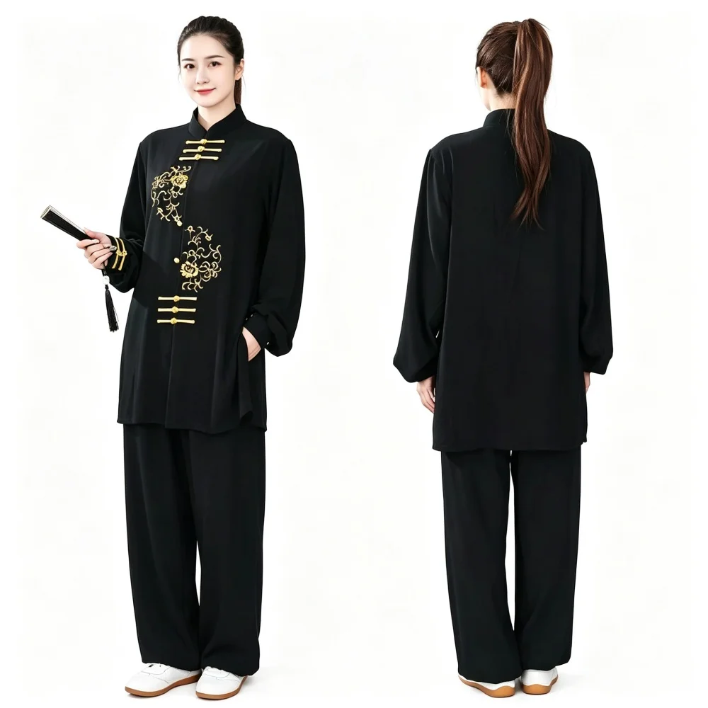 Unisex Kung Fu Uniform Long Sleeve Gold Embroidery Pearl Elastic Cotton Tai Chi Set Top And Pants For Stage Show Daily Practice