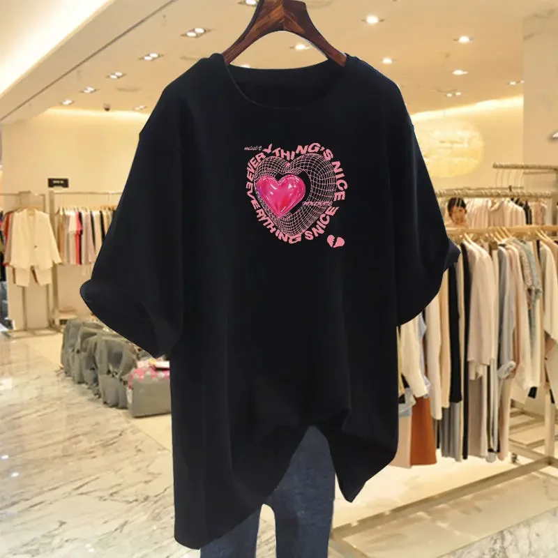 Women Fashion Love Printed Basics Tee Shirt Summer Short Sleeve Pure Cotton Casual Crew Neck Pullover Lady Top Tee